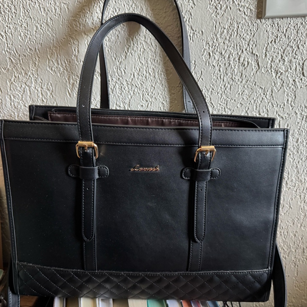 Black Leather Tote/ Laptop Bag